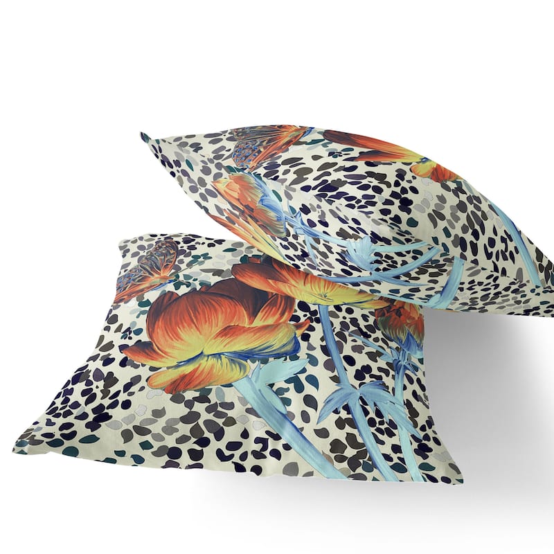 HomeRoots Set of Two 16" X 16" Blue and Orange Butterfly Blown Seam Floral Indoor Outdoor Throw Pillow