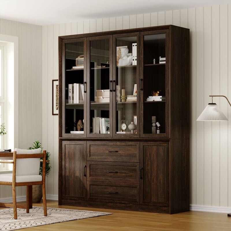 79.6" Tall Glass Display Cabinet, 6-Tier Bookshelf with Drawers Bookcae Panrty
