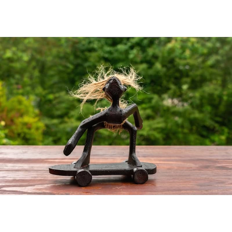 Handmade Wooden Primitive Tribal Skateboarding Funny Statue Sculpture Tiki Bar Handcrafted Unique Home Decor Figurine