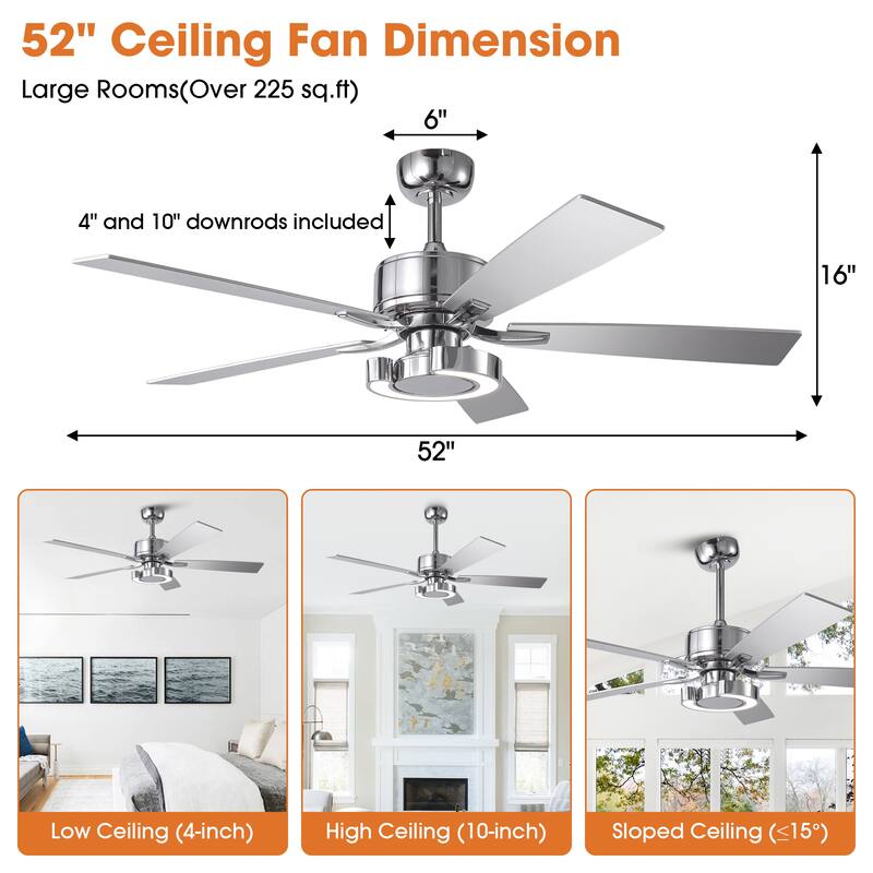 52" Chrome Modern Dimmable LED Indoor Ceiling Fan with Light and Remote