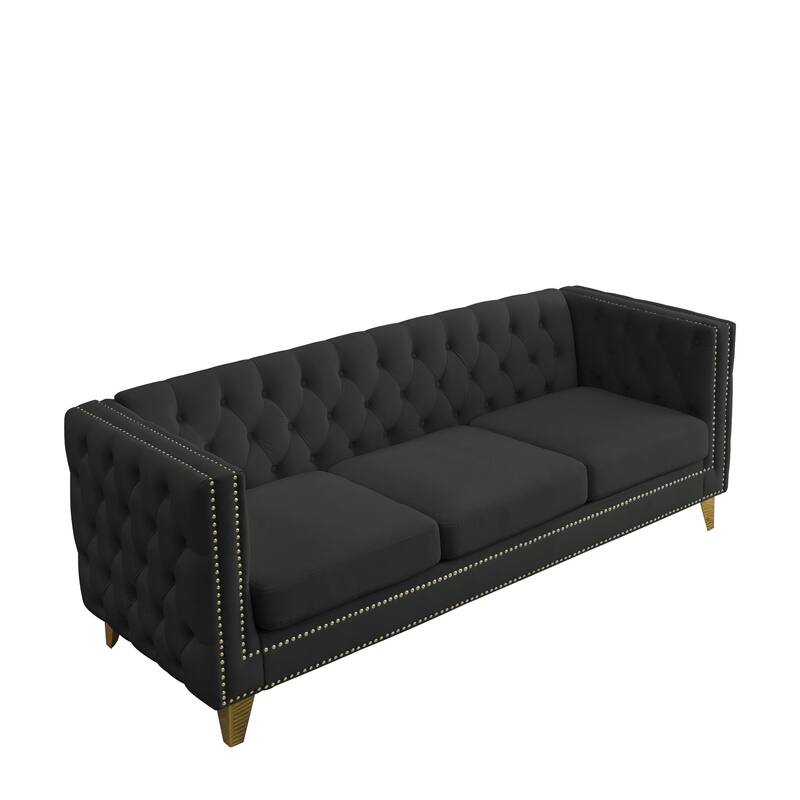 Classic Chesterfield Velvet Sofa Set, 2-Piece Button-Tufted 3-Seater Couch with Nailhead Trim and Metal Legs