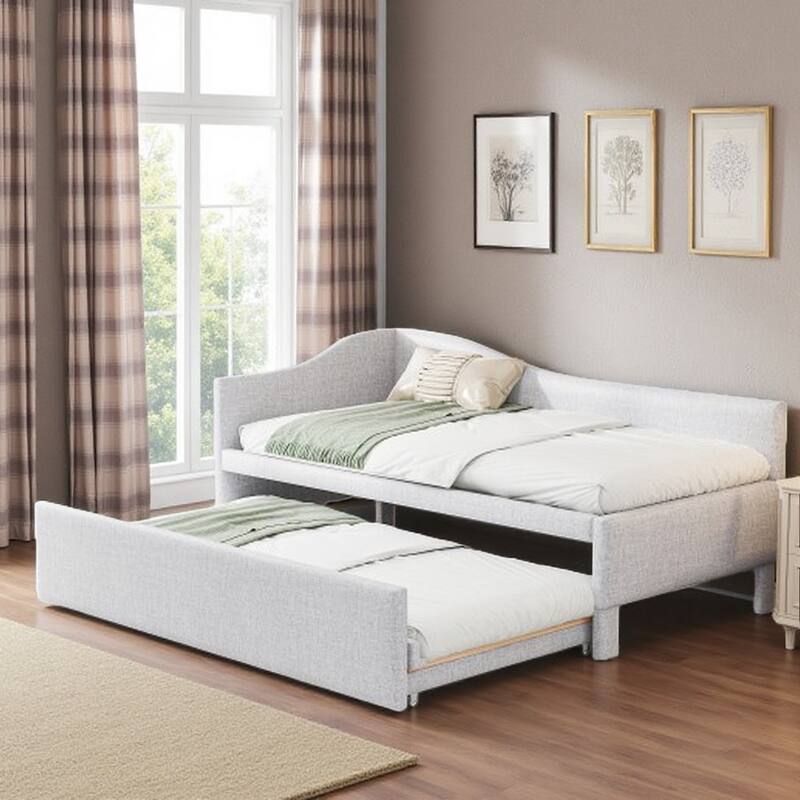 Twin Size L-Shaped Upholstered Daybed with Pull-Out Trundle, Linen Fabric, Convertible to Irregular King - Beige