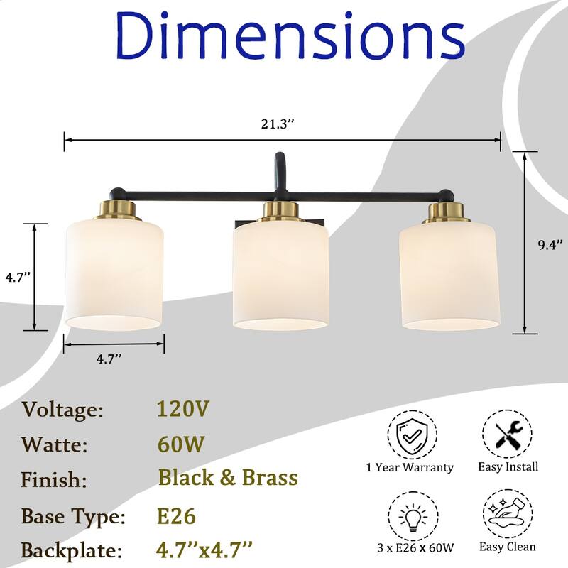 1/3-Light Modern Elegant Brass And Black Bathrooom Vanity Light With Milk White Glass Shades