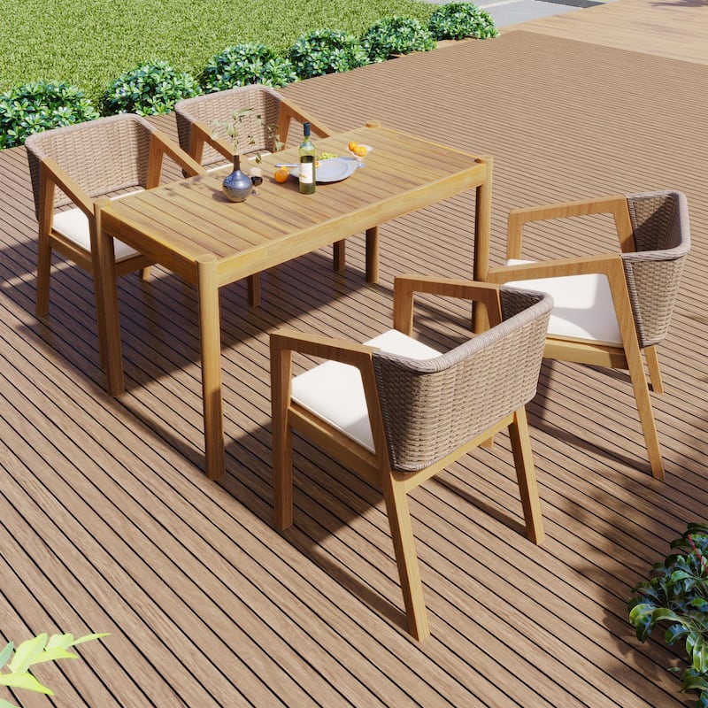 Christopher Knight Home 5-Piece Patio Dining Set - Light Teak+Beige cushion+Mix Brown Rope