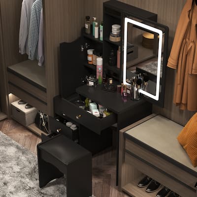 33"Wide Makeup Vanity Set with Stool and Mirror,3 Color Touch Light - 33"W