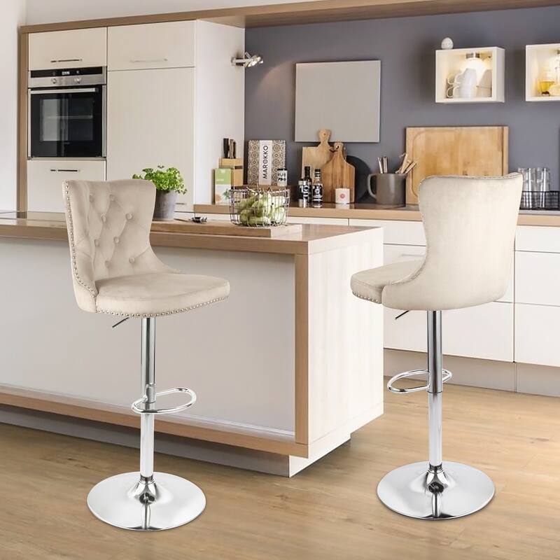 Velvet Swivel Bar Stools,Modern Bar Stools with High Back and Metal Footrest,Adjustable Swivel Barstools (Set of 2) - Brown