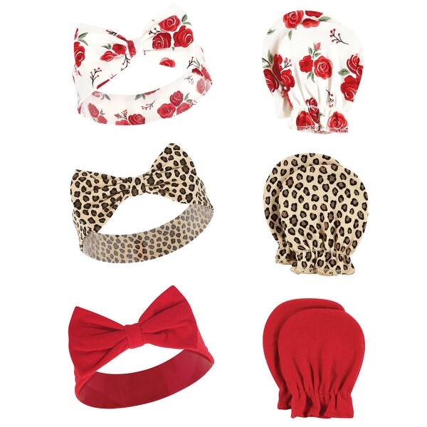 slide 1 of 1, Hudson Baby Infant Girl Cotton Headband and Scratch Mitten Set, Rose Leopard, 0-6 Months - Rose Leopard Rose Leopard - 0-6 Months