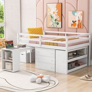 Modern Design Loft Bed with Retractable Desk, 3 Drawers, Storage Stairs and Shelves, Full Size, White