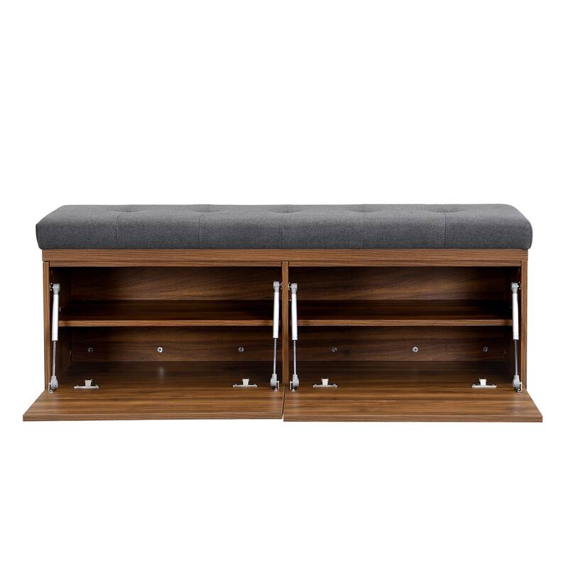 Wooden Shoe Storage Bench Entryway Tufting Bench w/ Adjustable Shelves聽