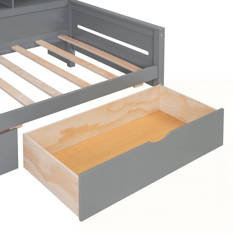 Wooden Daybed with Glass-Door Storage Cabinets and Built-in LED Lighting