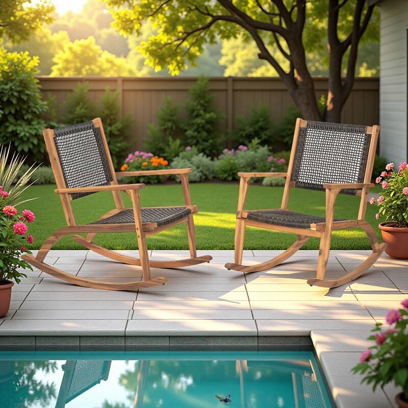 2-Piece Outdoor Acacia Wood Rocking Chair Set with Wicker Rattan Seat & Backrest - Dark Brown