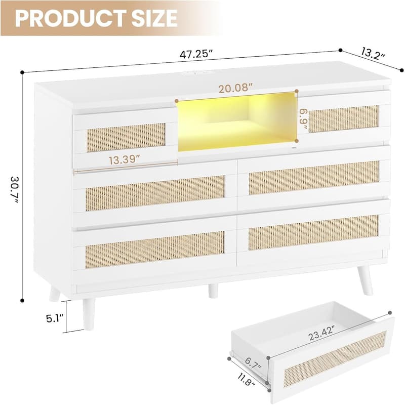 Natural Rattan Dresser for Bedroom with LED Light and Charging Station