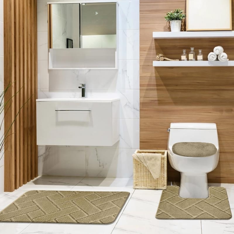 Baxter 3 PC Bathroom Rug Set, Modern Brick Design Soft Bath, Contour Rug & Lid Cover