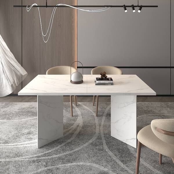 Faux Marble Extendable Dining Table Conference Table with V Table Legs ...