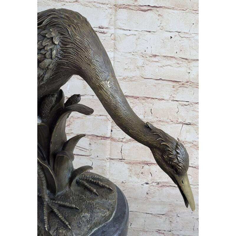 Heron Egret Water Bird Crane Bronze Metal Statue Sculpture Signed Art Marble Base