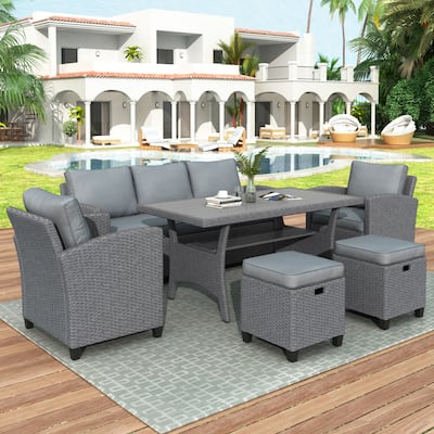 Roomfitters 6-Piece Outdoor Rattan Wicker Patio Garden Set with Sofa, Chair, Stools and Table