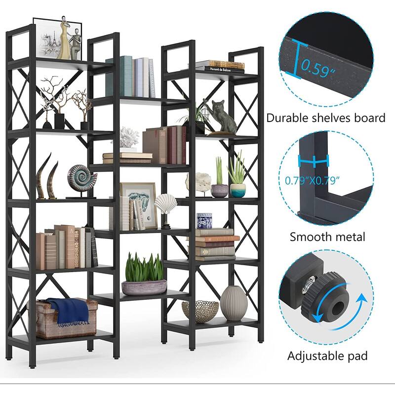 Open Triple Wide 5-Shelf Bookcase, Industrial Etagere Bookshelf for Home & Office