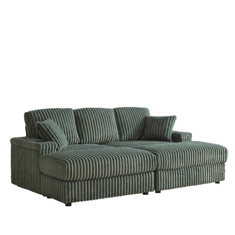 Anmytek 84 Inch Corduroy 3-Seater Comfy Deep Seat Sofa for Living Room with Storage Cup Holders Ottomans and Pillows