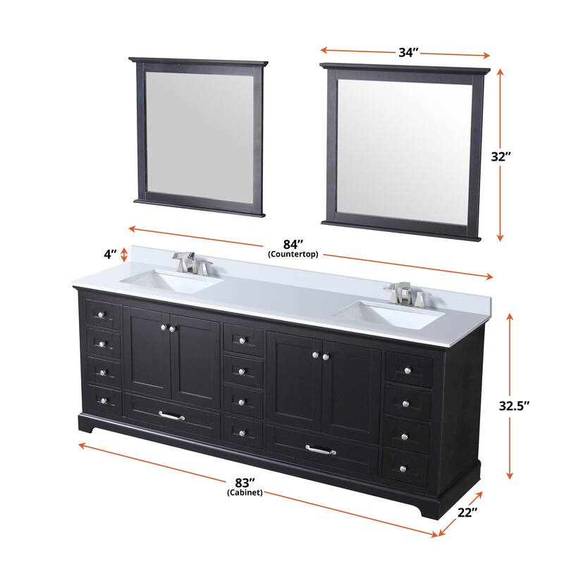 Dukes 84 in. W x 22 in. D Espresso Double Bath Vanity, White Quartz Top, Faucet Set, and 34 in. Mirrors