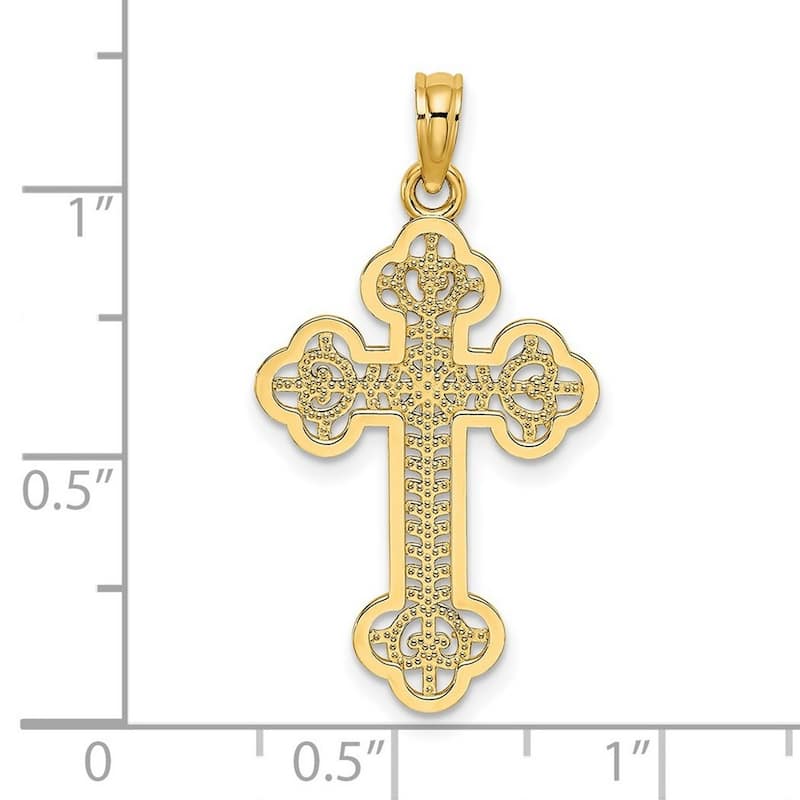 Curata 14k Yellow Gold Filigree Fleur De Lis Cross Pendant Necklace 18mm x 29mm