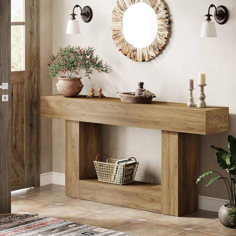63 Inches Brown and Gray Narrow Long Wood Console Table for Entryway