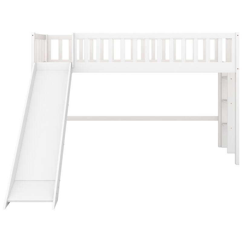 Low Loft Bed Twin Size with Ladder & Slide, Solid Wood Twin Bed Frame