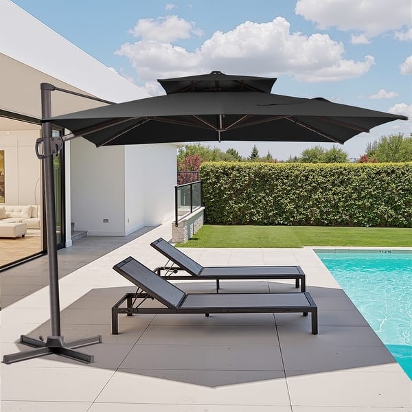 dual vent patio umbrella 13ft 2 Tier Double-Sided Vented with Base, Without Lights / Beige stable setup VredHom 9X11FT Aluminum Outdoor Dual