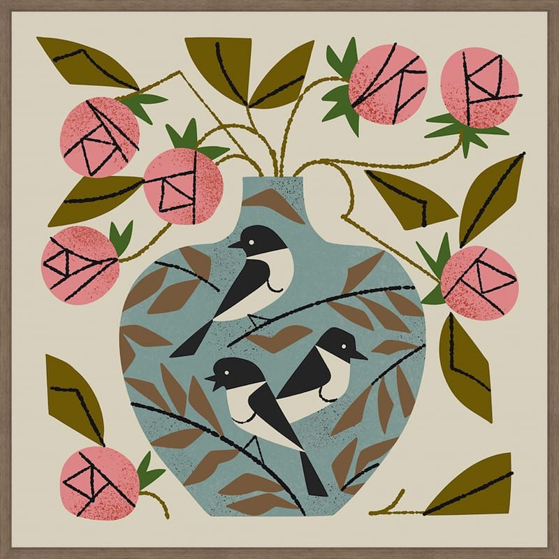 Three Bird Rose Vase by Renea l. Thull Framed Canvas Wall Art Print