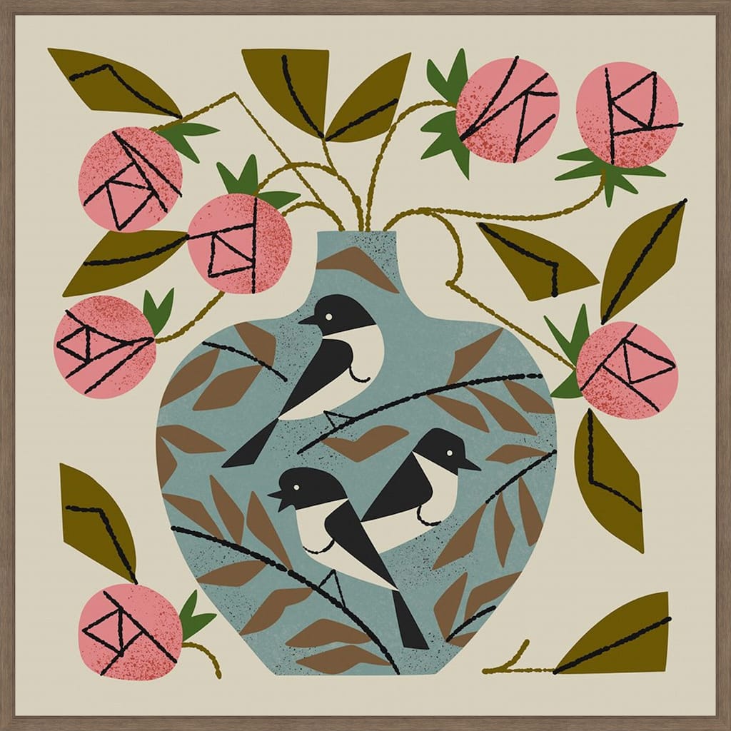 Three Bird Rose Vase by Renea l. Thull Framed Canvas Wall Art Print