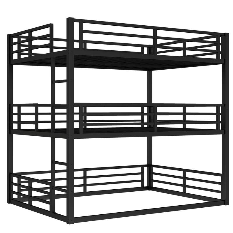 Full Size Triple Metal Bunk Bed with Safety Guardrails, Space-Saving Design, Noise-Reduced, Black