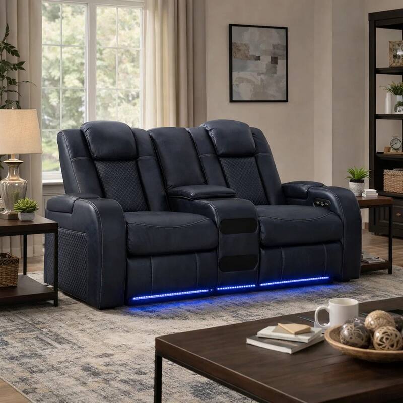 Fynne LED Power Reclining Loveseat, Sapphire Blue Faux Leather 74 Inch