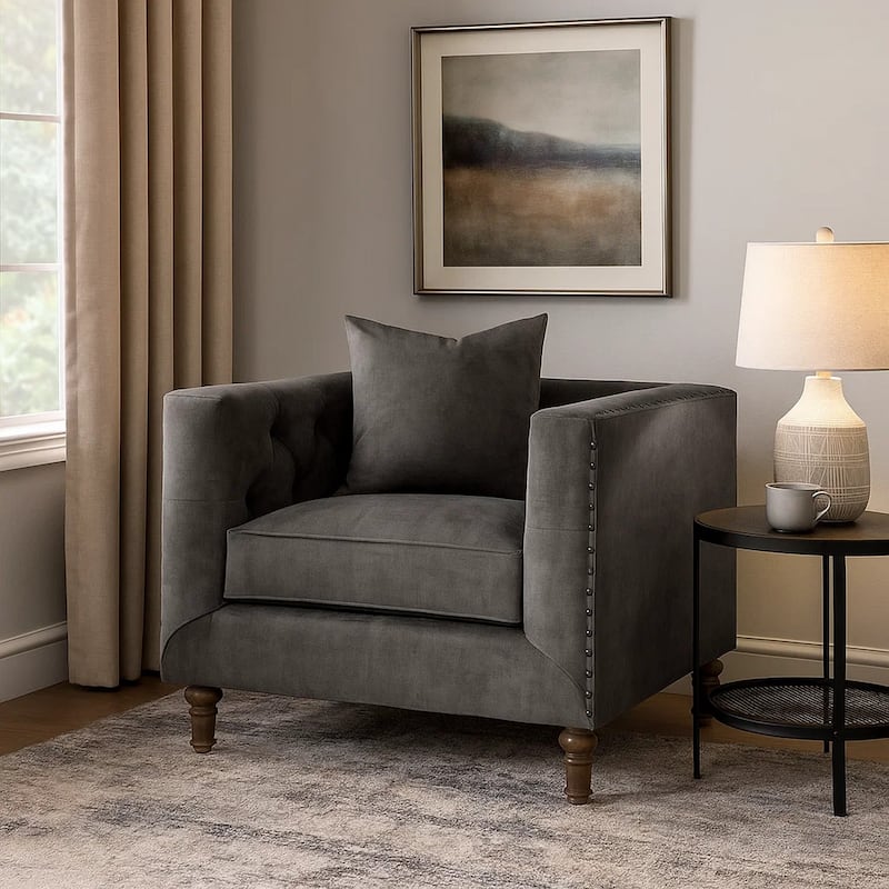 Fabric Upholstered Wooden Sofa Chair with Nail Head Trim, Gray