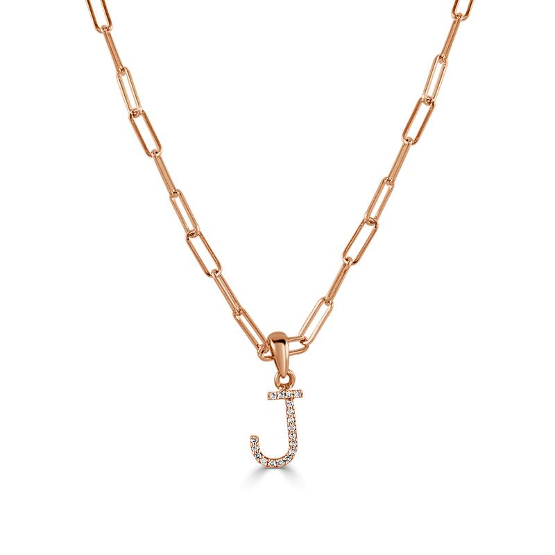 Joelle Collection Diamond Initial Letter Necklace Paperclip 14K Gold 16-inch Chain 1/10 TDW Necklace - J - Rose
