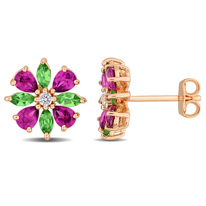 Miadora Multi-Gem Flower Stud Earrings Sterling Silver - Green
