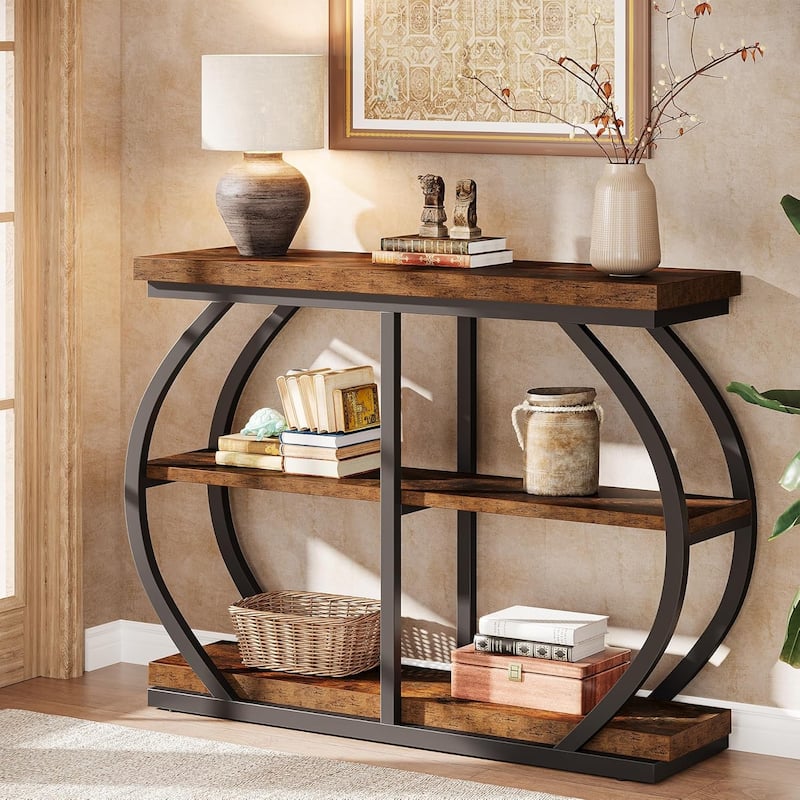 41.3" Industrial 3-Tier Console Table with Arched Metal Frame and Shelves - 11.8"D × 41.3"W × 31.5"H - Rustic Brown