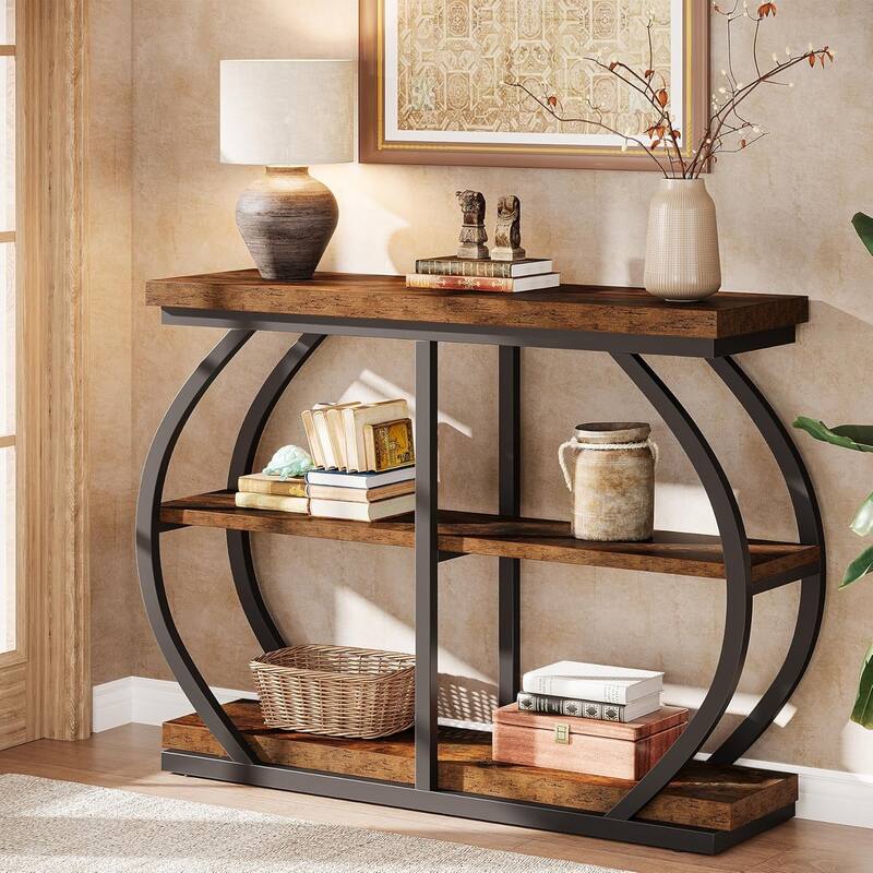 41.3 Inches Brown Wooden Entryway Table, 3-Tier Industrial Hallway Table with Storage for Living Room