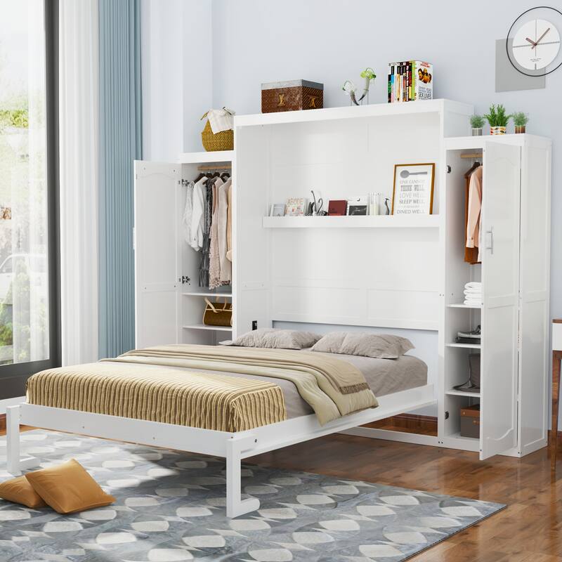 Queen Size Murphy Bed with Two Wardrobes and Storage Shelf, Space-Saving Foldable Platform Bed for Guest Rooms and Bedrooms - White