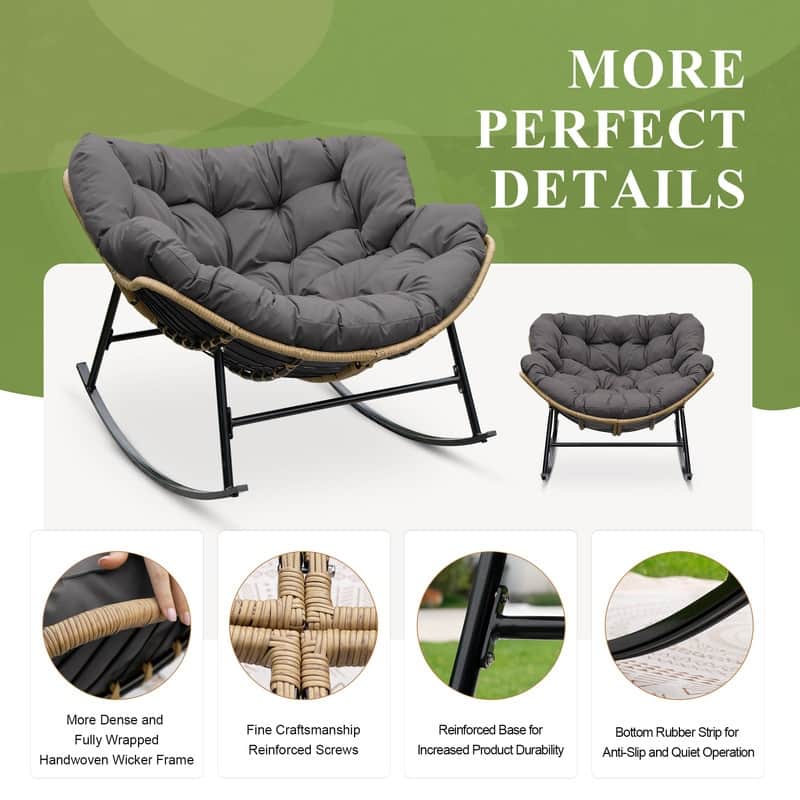 Oversized Indoor Outdoor Royal Papasan Rocking Chair, Patio Egg Rocker with Cushions, 450 lb Capacity