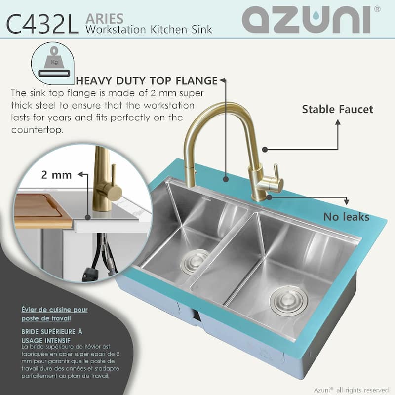 AZUNI 31.25 inch Top Mount Double Bowl Stainless Steel Ledge Workstation Kitchen Sink Handmade - 31.25" x 20.2" x 9"