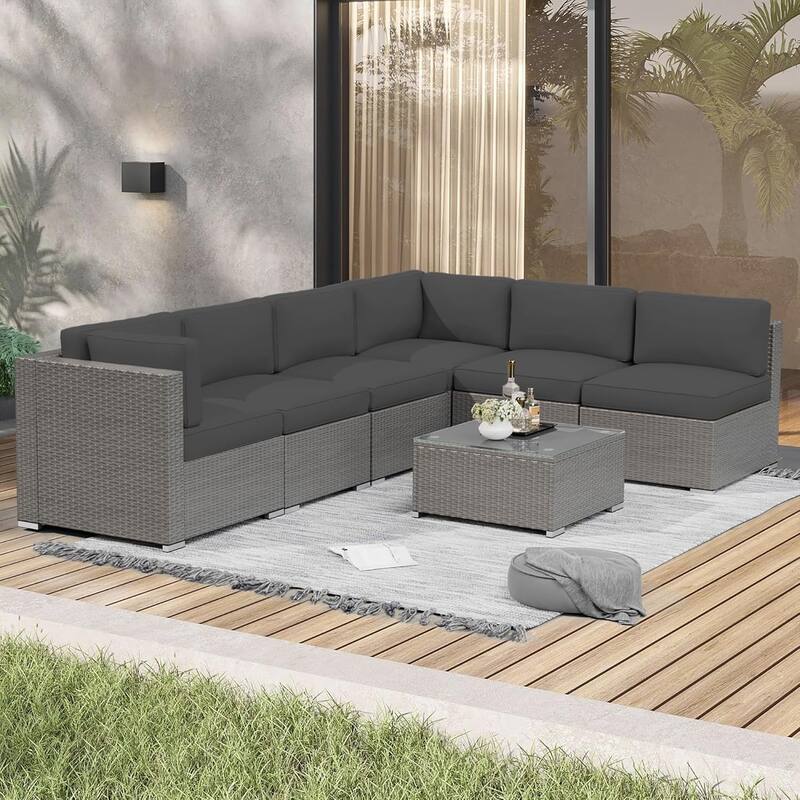 7 Piece Outdoor Patio Furniture Set Grey/Black Wicker Conversation Sectional Sofa Set with Coffee Table and Cushions
