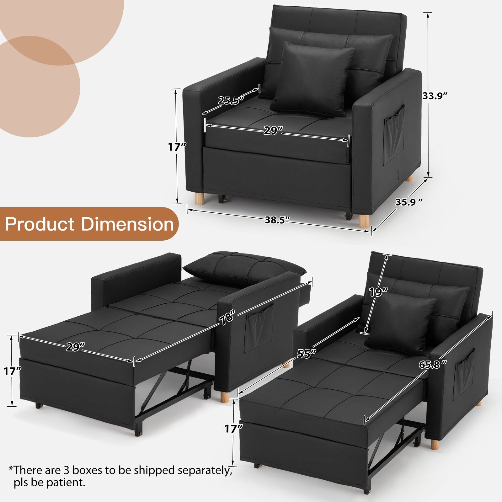 AECOJOY Sleeper Chair Bed 3 in 1 Convertible Multi Functional Sofa