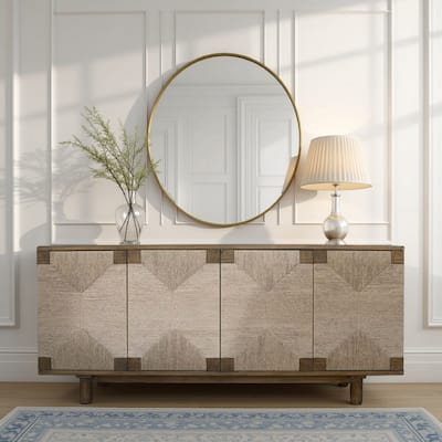 Augy Accent Cabinet Console, 4 Doors, Gray Brown Pine Wood, 77 Inch