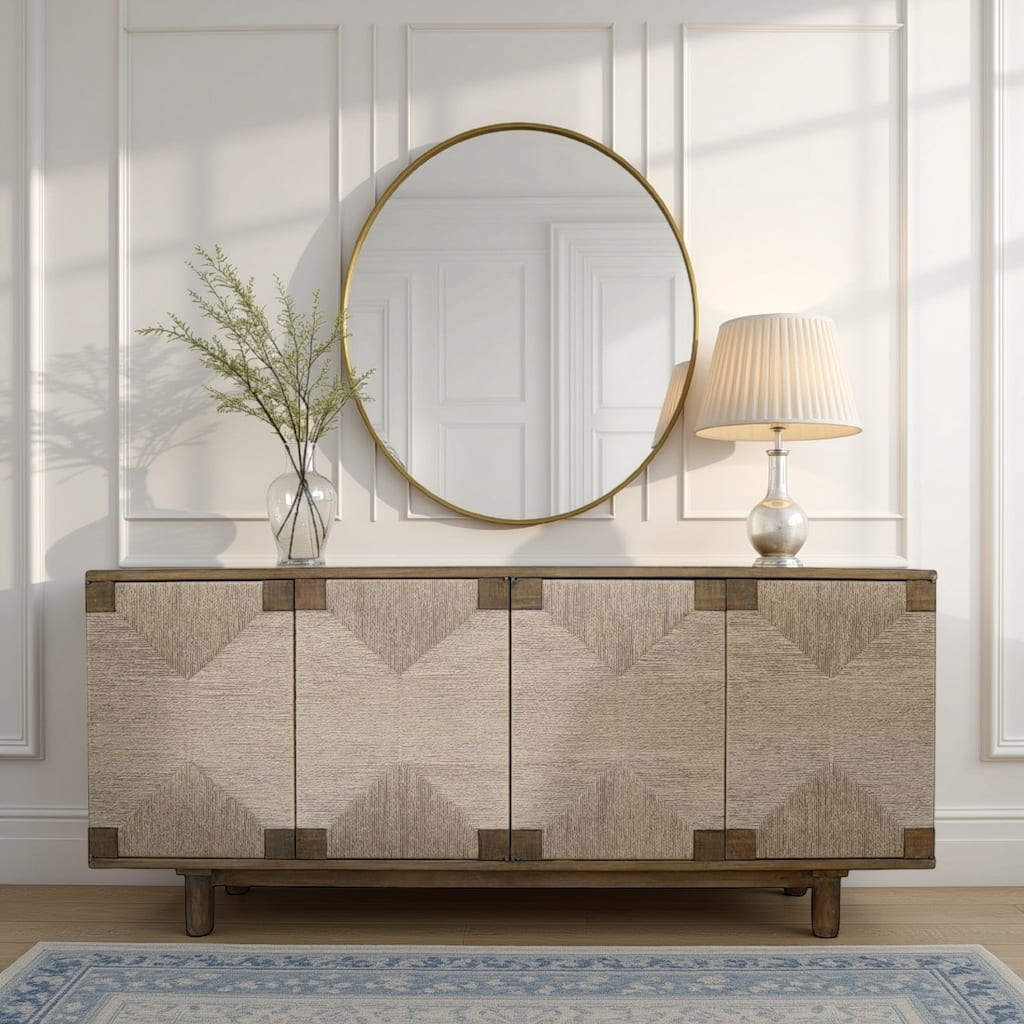 Augy Accent Cabinet Console, 4 Doors, Gray Brown Pine Wood, 77 Inch