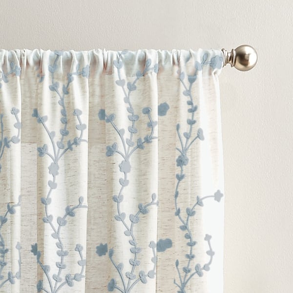 Lynette Floral Embroidered Rod Pocket Curtain Panel - Blue - 84 Inches