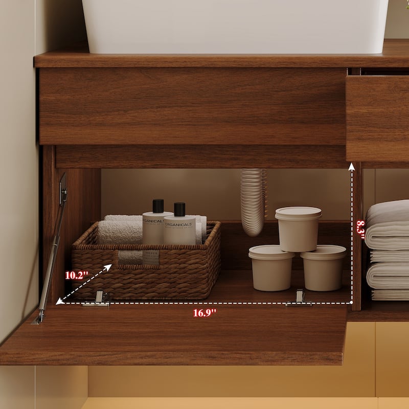 Floating Single Small Bathroom Vanity with Integrated Vessel Ceramic Sink and Multi-layer Storage Solid Wood Cabinet