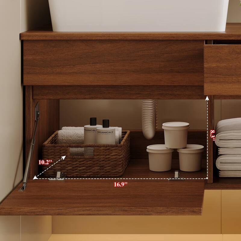 Modern Floating Bathroom Vanity with Ceramic Vessel Sink, Wall-Mounted Solid Wood Bathroom Cabinet with Soft-Close Drawers