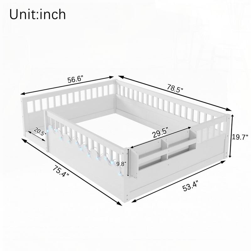 Montessori Floor Bed Frame with with Light and Storage Shelf