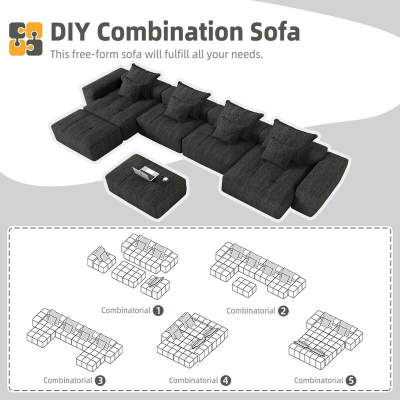 Modern Oversized Modular Sectional Sofa, Sparkling Chenille Fabric, 8 Pillows, No Assembly, BLACK