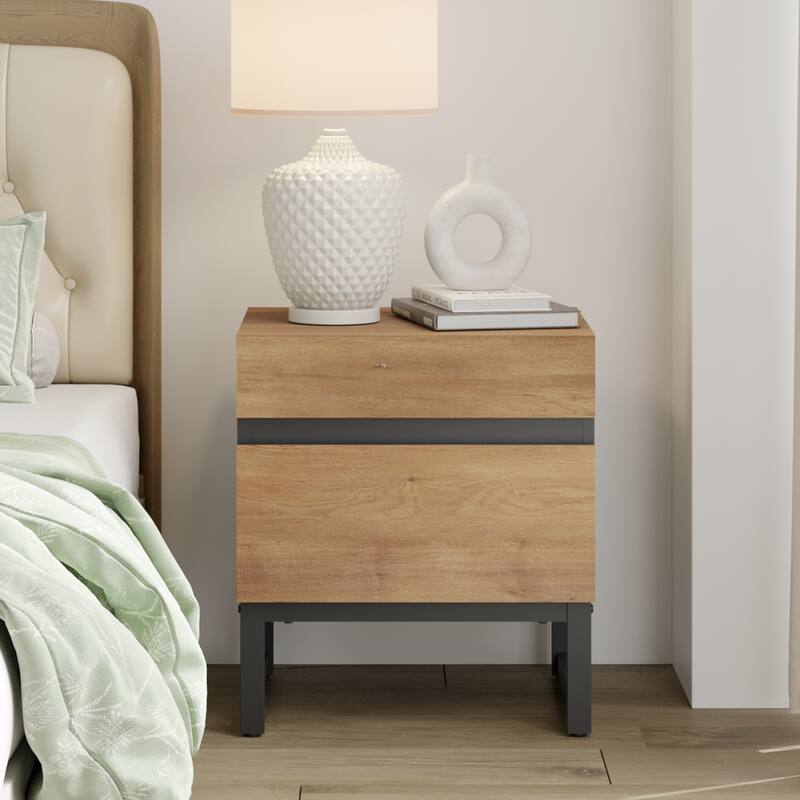 WAMPAT Modern Nightstand with 2 Drawers, Farmhouse BedsideTable with Black Square Iron Leg, Wood Rustic Side End Table - Oak - 2-drawer