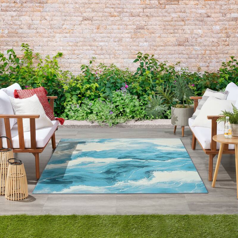 Nourison Color Splash Indoor/Outdoor Blue Abstract Area Rug - Ivory/Blue - 4' x 6'